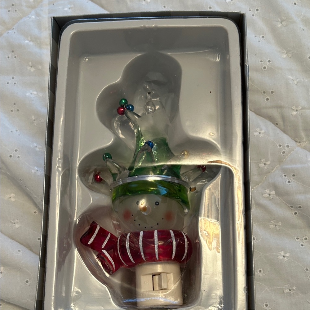 Glass Snowman Plug-In Night Light - Green Hat, Red Scarf